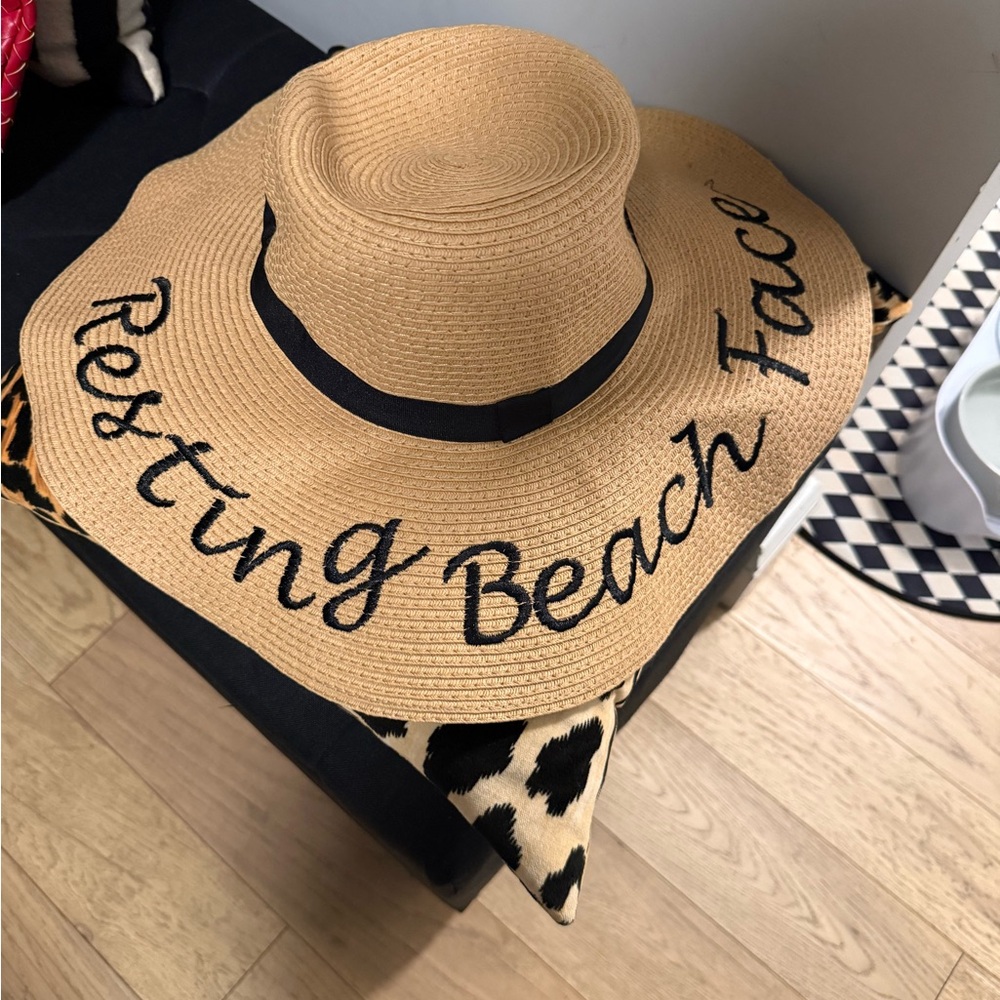 Marcus Adler Wide Brim Straw Sun Hat with 'Resting Beach Face' Script